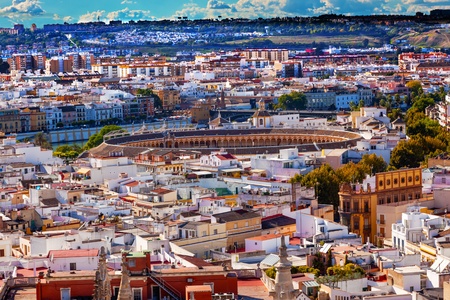 Cityscape, City View, Bull Ring, from Giralda Spire, Bell Tower, Seville Cathedral, Andalusia Spain    の写真素材
