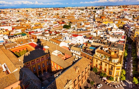 Cityscape, City View, from Giralda Spire, Bell Tower, Shadow, Seville Cathedral, Andalusia Spain Plaza and Churches Streets Buildings   の写真素材