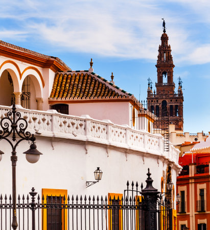 Bull Fight Ring Stadium Cityscape Giralda Spire Bell Tower, Seville Cathedral Andalusia Spainのeditorial素材