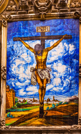 Jesus Christ Crucifixion on Cross Ceramic Street Mosaic Seville, Andalusia Spain  Outside Church of El Salvador, Iglesia de El Salvador のeditorial素材