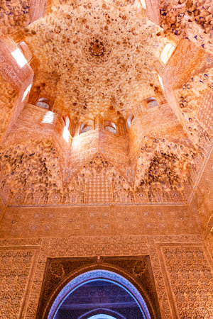 Star Shaped Domed Ceiling of the Sala de Albencerrajes Alhambra Moorish Wall Windows Blue Arch Patterns Designs Granada Andalusia Spain  のeditorial素材