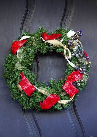 Christmas Wreath Decoration Red Ribbons, Mission San Luis Obispo de Tolosa San Luis Obispo California   Founded 1772 by  Father Junipero Serra   Named for Saint Louis of Anjouの写真素材