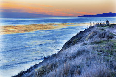 Ellwood Mesa Sand Dune Lovers Coastline Pacific Oecan Orange Sunset Goleta California の写真素材
