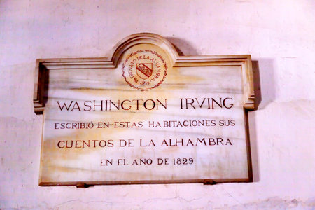 Washington Irving Plaque Wall Alhambra Granada Andalusia Spain  Room where Washington Irving, famous American, author,  Lived and Wrote about Granada and Spainのeditorial素材
