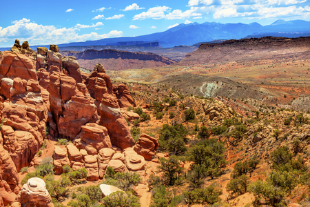 Painted Desert Colorful Yellow Grass Lands Orange Sandstone Red Fiery Furnace Arches National Park Moab Utah USA Southwest  の写真素材