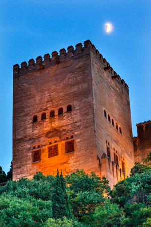 Alhambra Tower Moon from Walking Street Del Darro Albaicin Granada Andalusia Spainのeditorial素材