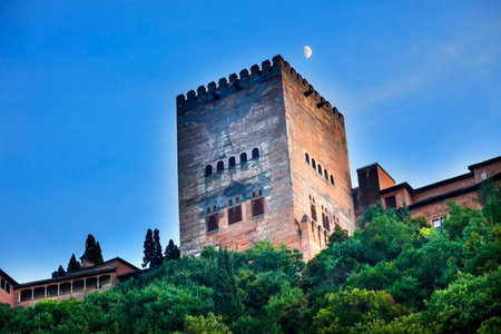 Alhambra Tower Moon from Walking Street Del Darro Albaicin Granada Andalusia Spainのeditorial素材
