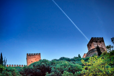Alhambra Tower Moon from Walking Street Del Darro Albaicin Granada Andalusia Spainのeditorial素材