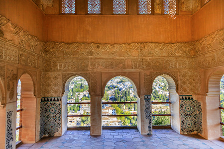 Alhambra Moorish Wall Windows Patterns Designs City View Granada Andalusia Spain.  の写真素材