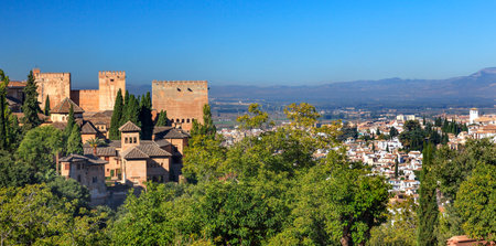 Alhambra Castle Tower Walls Cityscape Churches Granada Andalusia Spain  のeditorial素材