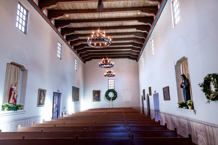 Mission San Luis Obispo de Tolosa, Basilica, Wooden Pews San Luis Obispo California.のeditorial素材