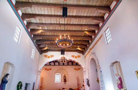 Mission San Luis Obispo de Tolosa, Adobe, Wooden Ceiling, San Luis Obispo California.のeditorial素材