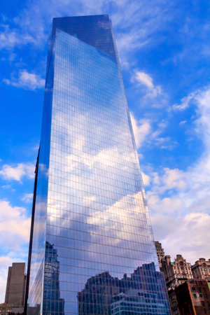 New World Trade Center Glass Building Skyscraper Skyline Blue Clouds Reflection New York City NYのeditorial素材