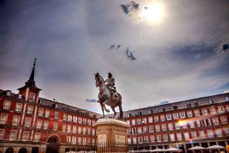 Plaza Mayor Built in the 1617 Famous Square Cityscape Madrid Spain. King Philip III Equestrian Statue, created in 1616 by Sculptors Gambologna and Pietro Taccaのeditorial素材