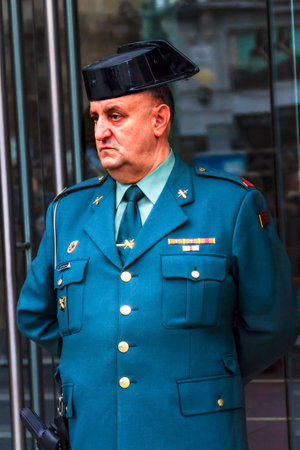Spanish Gendarme Police Minstry of Justice Puerta del Sol Gateway of the Sun Plaza Square Madrid...