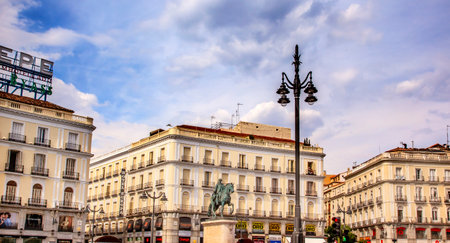 Puerta del Sol Gate of the Sun Most Famous Square King Carlos III Equestrian Statue in Madrid Spain King of Spain in the 1700s.  Replica of statue created in 1700s by Juan Pascal de de Menaのeditorial素材