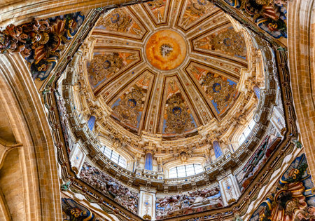 Stone Dome Holy Spirit Mosaic Statues New Salamanca Cathedral Spain.  The New and Old Cathedrals in Salamanca are right next to each other.  New Cathedral was built from 1513 to 1733 and commissioned by Ferdinand V of Castile, Spain.のeditorial素材