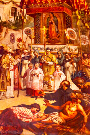 First Miracle Painting Old Basilica Shrine of Guadalupe Mexico City Mexico. Also known as Templo Expiatorio a Cristo Rey.  Basilica construction was started in 1531, finished in 1709.  This is the basilica is the location where the Virgin Mary appeared toのeditorial素材