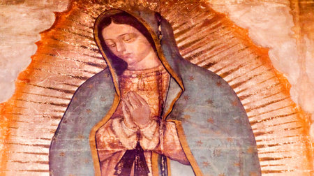 Original Virgin Mary Guadalupe Painting which was revealed by Indian Peasant Juan Diego in 1531 to Catholic Bishop. New Shrine of the Guadalupe, Mexico City Mexicoのeditorial素材