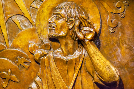 Bronze Relief of Juan Diego Receiving Revelation of Virgin Mary, Guadalupe Shrine, Mexico City Mexico  Juan Diego is the Mexican peasant, who in 1500s Virgin Mary appeared leaving her image on his cloak.のeditorial素材