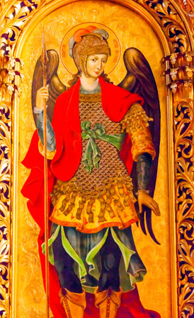 Saint Michael Golden Screen Icon Ancient Basilica Saint Michael Monastery Cathedral Kiev Ukraine.  Saint Michael's is a functioning Greek Orthordox Monasatery in Kiev.  The original monastery was created in the 1100s but was destroyed by the Soviet Union のeditorial素材