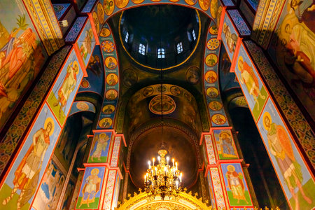 Ancient Mosaics Golden Sreen Icons Dome Basilica Saint Michael Monastery Cathedral Kiev Ukraine.  Saint Michael's is a functioning Greek Orthordox Monasatery in Kiev.  The original monastery was created in the 1100s but was destroyed by the Soviet Union iのeditorial素材