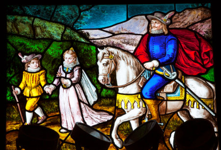 Nobles Pilgrimage Stained Glass Convento de Santa Teresa Basilica Altar Dome Avila Castile Spain.  Convent founded in 1636 for Saint Teresa, Catholic nun, Counterreformation author, and Spanish mystic, who founded the Carmelite order. Died in 1582 and madのeditorial素材