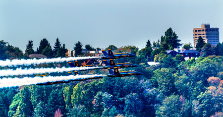 Blue Angels Jets aiirplanes In Formation Fying Over Seattle Housesのeditorial素材