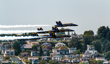 Blue Angels Jets aiirplanes In Formation Fying Over Seattle Houses