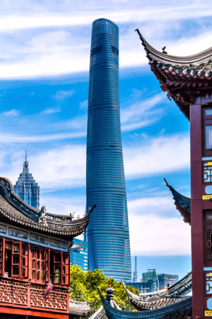 Shanghai Tower, Second Tallest Building in World, Jin Mao Tower from Yuyuan Garden, Old Town, Shanghai Chinaのeditorial素材