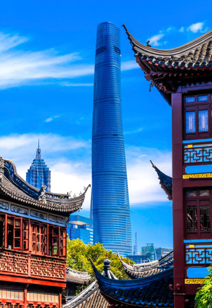 Shanghai Tower, Second Tallest Building in World, Jin Mao Tower from Yuyuan Garden, Old Town, Shanghai Chinaのeditorial素材
