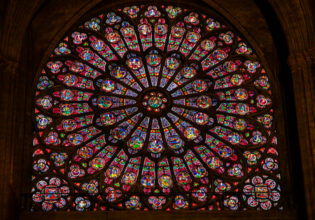 North Rose Window Virgin Mary Jesus Disciples Stained Glass Notre Dame Cathedral Paris France.  Notre Dame was built between 1163 and 1250 AD.  Virgin Mary Rose Window oldest in Notre Dame from 1250.
