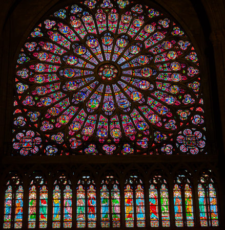 North Rose Window Virgin Mary Jesus Disciples Stained Glass Notre Dame Cathedral Paris France. ...