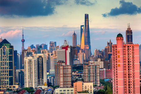 Puxi Pudong Buildings World Financial Center Jinmao Tower Modern Skyscrapers Shanghai Chinaのeditorial素材