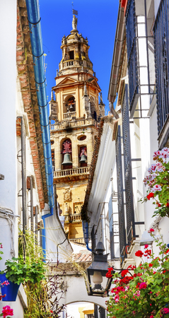 Flower Street Calleja de las Flores Old Torre del Alminar Bell Tower Mezquita Cordoba Andalusia Spain.  Mezquita created in 785 as a Mosque, converted to a Cathedral in the 1500.  Calleja de las Flores old Jewish quarter of Cordoba.の写真素材