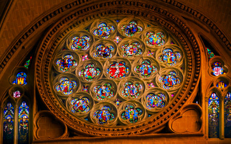 Rose Window Jesus Christ Saints Disciples Mary Stained Glass Cathedral Spanish Flag Toledo Spain. ...