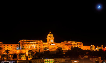 Buda Castle Moon Budapest Hungary.  Buda Castle was first built in 1242 and enlarged by Empress Maria Theresa in the 1700s.のeditorial素材
