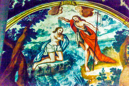 Baptism Fresco Sanctuary of Jesus Atotonilco Mexico. Built in the 1700s known as the Sistene Chapel of Mexico with Frescoes of Jesus Stories.  Frescoes by Miguel Antonio Matinez between 1740 and 1775.のeditorial素材