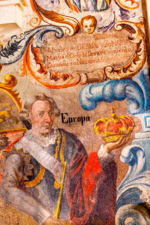 Spanish King Crown Fresco Sanctuary of Jesus Atotonilco Mexico. Built in the 1700s known as the Sistene Chapel of Mexico with Frescoes of Jesus Stories.  Frescoes by Miguel Antonio Matinez between 1740 and 1775.のeditorial素材