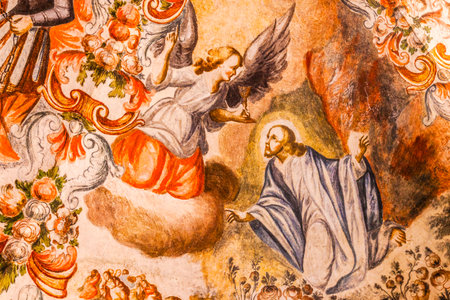 Angel Jesus Fresco Sanctuary of Jesus Atotonilco Mexico. Built in the 1700s known as the Sistene Chapel of Mexico with Frescoes of Jesus Stories.  Frescoes by Miguel Antonio Matinez between 1740 and 1775.のeditorial素材