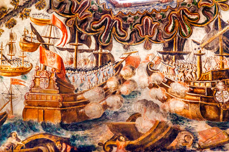 Spanish Sea Battle Fresco Sanctuary of Jesus Atotonilco Mexico. Built in the 1700s known as the Sistene Chapel of Mexico with Frescoes of Jesus Stories.  Frescoes by Miguel Antonio Matinez between 1740 and 1775.のeditorial素材