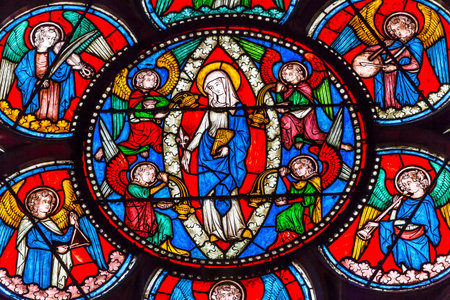 Virgin Mary Angels Stained Glass Notre Dame Cathedral Paris France.  Notre Dame was built between 1163 and 1250 AD.のeditorial素材