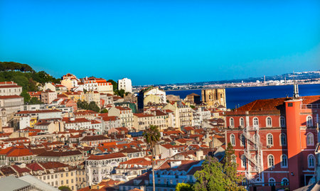 Belevedere Miradoura de Sao Pedro de Alcantara Outlook Cathedral Houses Harbor Lisbon Portugalのeditorial素材