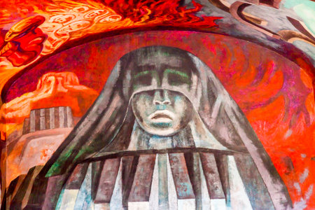 Indian Morado Mural Hidalgo Window Alhondiga de Granaditas Guanajuato Mexico.  Battle Site 1810 Mexican War of Independence and window where Miguel Hidalgo's head exhibited.  Mural by Jose Chavez Morado in 1966, last of great Mexican Muralists.のeditorial素材