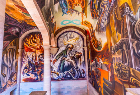 Indian Revolution Hidalgo Morado Mural Alhondiga de Granaditas Independence Museum Guanajuato Mexico.  Battle Site 1810 Mexican War of Independence where Miguel Hidalgo led first major battle of 1810 revolution.  Mural by Jose Chavez Morado in 1966, last のeditorial素材