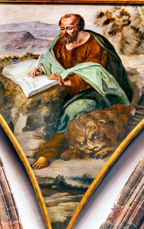 Saint Mark Winged Lionl Gospel Writer Evangelist Painting Dome Convent Immaculate Conception The Nuns San Miguel de Allende, Mexico. Convent of Immaculate Conception was created in 1754.のeditorial素材