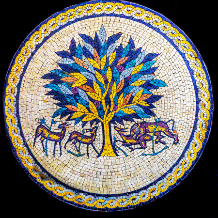 Tree of Life Mosaic Madaba Jordan. Tree of Life is famous ancient mosaic from Hisham Palace Archeological Site in Jerichoのeditorial素材