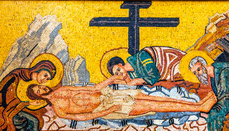 Chirst Taken Down from Cross Mary Joseph of Airmetihia Mosaic Saint George's Greek Orthodox Church Madaba Jordan.  Church was created in the late 1800s and houses many famous mosaicsのeditorial素材