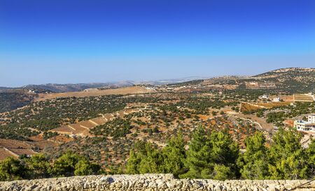 View From Qalat ar-Rabid Ancient Arabic Fortress Castle Ajlun Jordan.  Ancient Arabic Castle built in 1184-1185 to counter Crusader threat.の写真素材