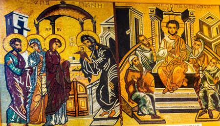 Jesus Christ Boy Temples Mosaic Saint George's Greek Orthodox Church Madaba Jordan.  Church was created in the late 1800s and houses many famous mosaicsのeditorial素材